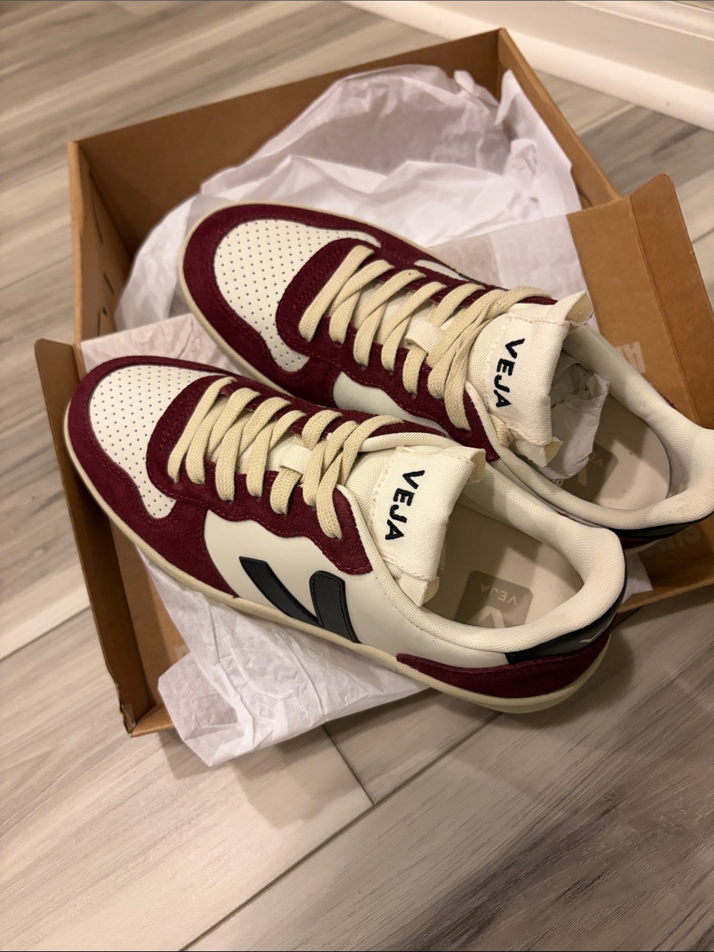 Veja V10 Women's Low-Top Sneakers in Burgundy, Cream and Black